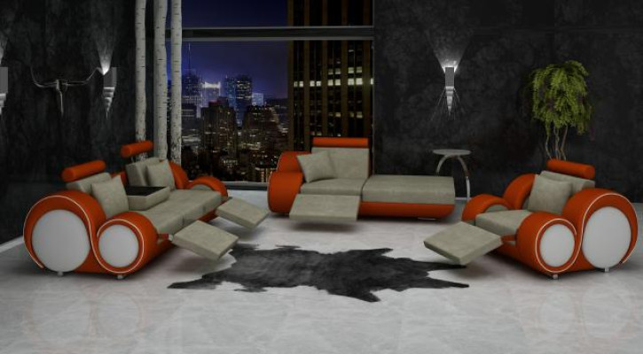 Sofa Garnitur Leder & Textil Stoff + USB,Sofagarnitur 3+Chaise+1 Wohnlandschaft