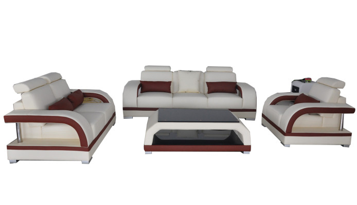 Sofa Couch Leder Polster Sitz Couch Garnitur 3+2+1 USB + Tisch Set Design Sofa