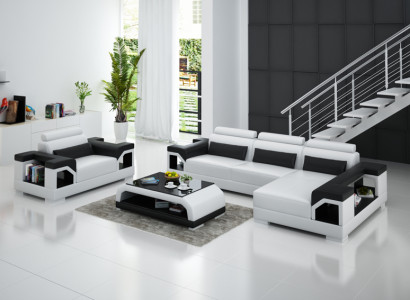 Ledersofa mit USB Wohnlandschaft Ecksofa +Sessel Eck Garnitur Design Modern Sofa