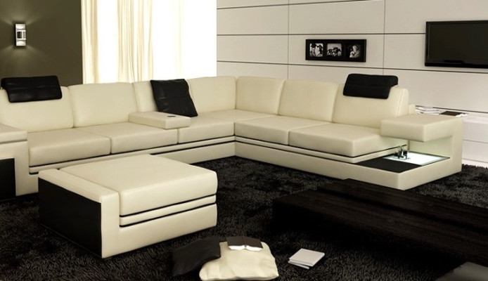 Modern Eckcouch Design Sofa Polster Ecke Leder Textil Couch LED Wohnlandschaft