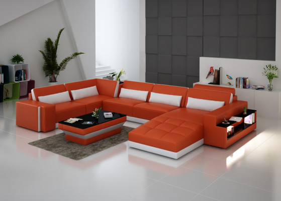 Ledersofa mit USB Couch Wohnlandschaft Ecksofa Eck Garnitur Design Modern Sofa