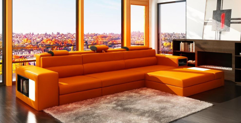 Designsofa Sofa Couch USB Polster Ecksofa Garnitur Wohnlandschaft Ledersofa LED