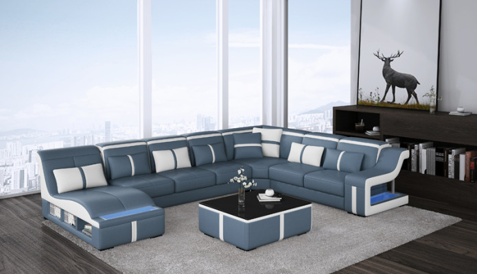 Ledersofa Wohnlandschaft Ecksofa Garnitur Design Modern Sofa U-Form mit USB Neu