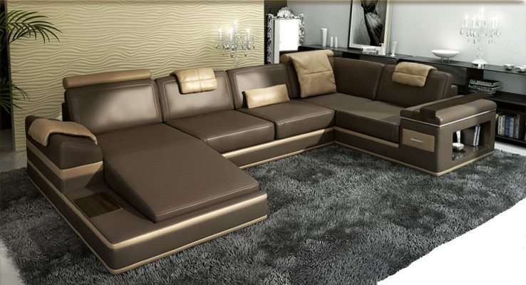 Ecksofa Sofa Couch Polster Leder Garnitur Wohnlandschaft Ecke Wohn Beige