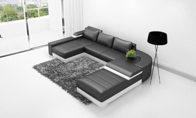 Ecksofa Eck Sofa mit USB Polster Leder Garnitur Wohnlandschaft Liege Bellenberg