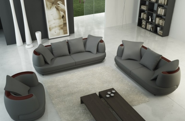 Sofagarnitur mit USB Luxus Designer Couch Polster 3+2+1 Leder Sofa Sitz Grau Neu