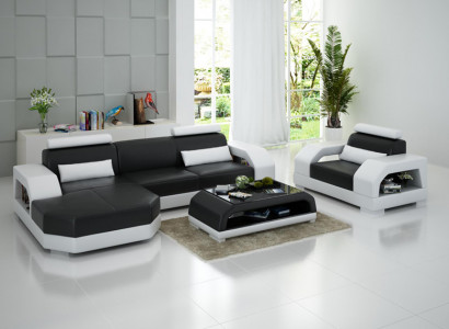 Ledersofa Couch Wohnlandschaft Ecksofa + 1 Sitzer Garnitur Design Modern G8001E