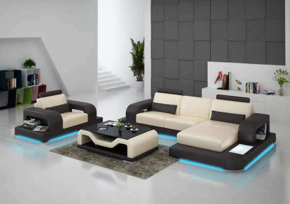 Ledersofa Couch Wohnlandschaft Eck + Sessel Garnitur Design Modern Sofa mit USB