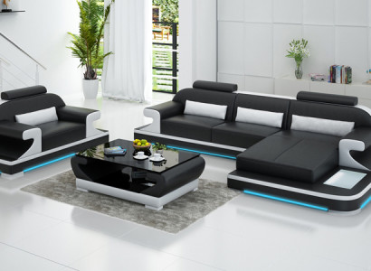 Ledersofa Couch Wohnlandschaft Ecksofa + Sessel Neu Garnitur Design Sofa G8021E