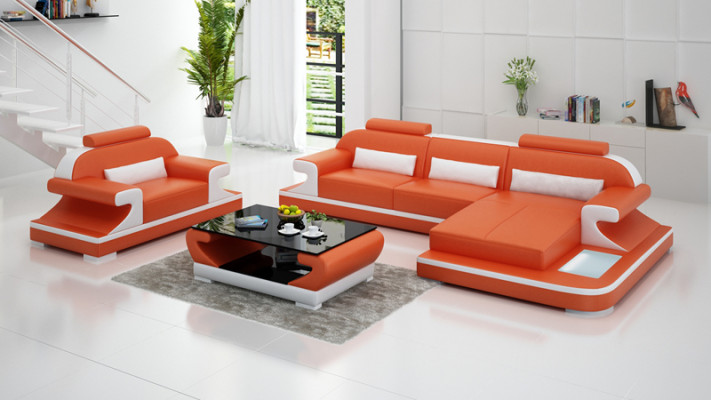 Ledersofa Couch Wohnlandschaft Ecksofa + Sessel Neu Garnitur Design Sofa G8021E