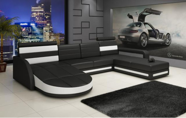 WOHNLANDSCHAFT COUCH GARNITUR DESIGN ECKCOUCH Braun-Beige LEDERSOFA XXL ECKSOFA