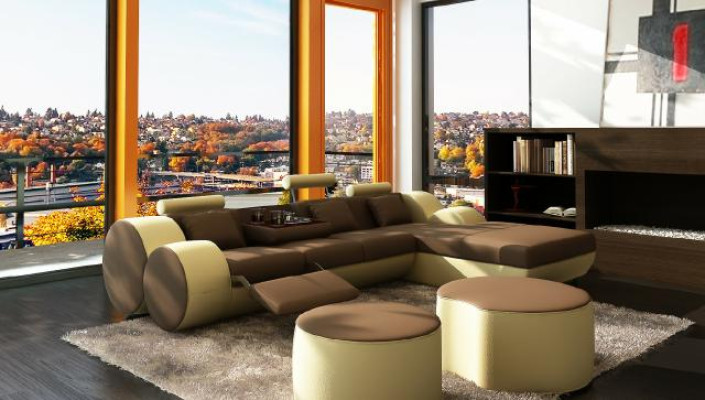 Designer Leder Ecksofa Wohnlandschaft Ledercouch+ USB Garnitur Eckcouch Madrid