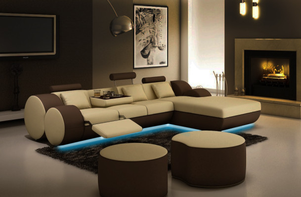 DESIGNER LEDERSOFA GARNITUR mit USB,LEDER ECKSOFA WOHNLANDSCHAFT LEDERCOUCH