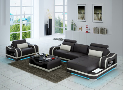Ledersofa Couch Wohnlandschaft Ecksofa + Sessel Eck Garnitur Modern G8030E