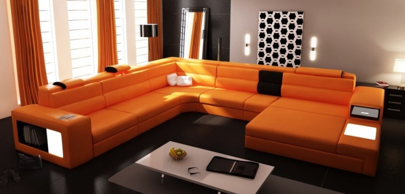 Ecksofa Sofa mit USB Couch Polster Garnitur Design Leder Textil Wohnlandschaft