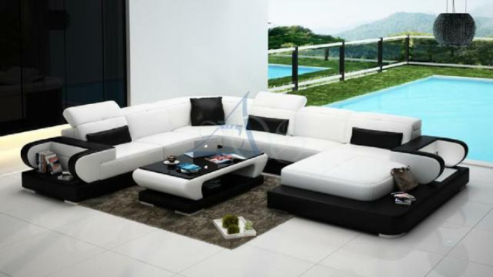 Sofa Eckcouch Couch Funktionssofa + USB U Form Kunstleder Beige Schlaffunktion