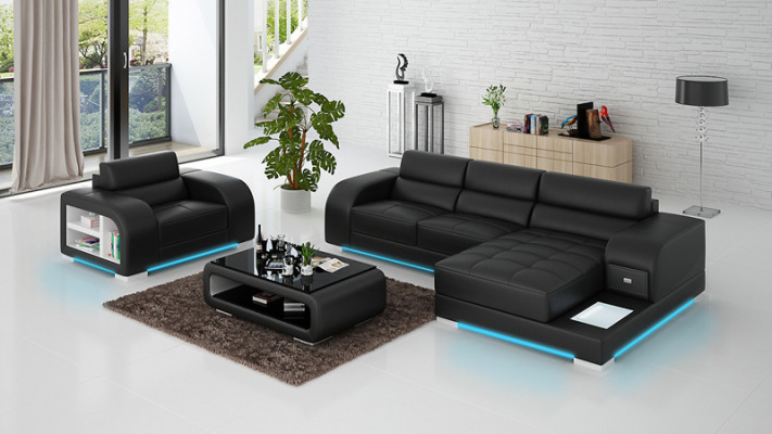 Ledersofa mit USB Couch Wohnlandschaft Ecksofa + Sessel Garnitur Design Sofa Neu