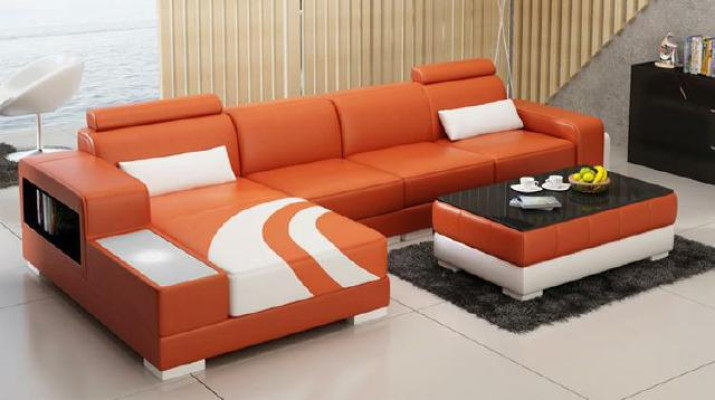 Sofa Couch Wohnlandschaft XXL Couch Ledersofa mit Ottomane Sofagarnitur V015