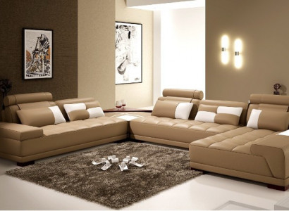 Ledersofa Sofa Polster Sitz Ecke Wohnlandschaft Couch Eckgarnitur PH376 Beige