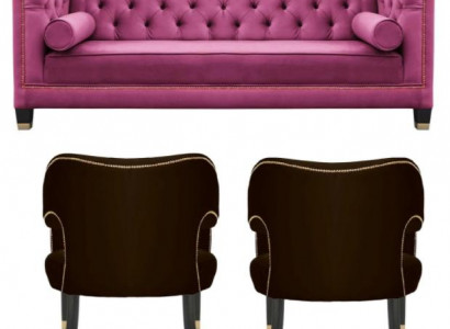 Rosa Chesterfield 2Sessel Schwarz Textil Modern Design Luxus Möbel Sofa Set Neu