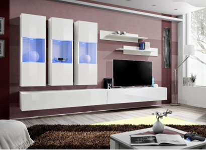 Wohnzimmer RTV Hänge Vitrine Wohnwand Holz Design Weiß Modern Neu Set 7tlg.