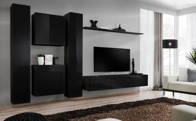 Schwarz Wohnwand TV Ständer Luxus Wohnzimmer Möbel Komplette Set 6 tlg Moderne