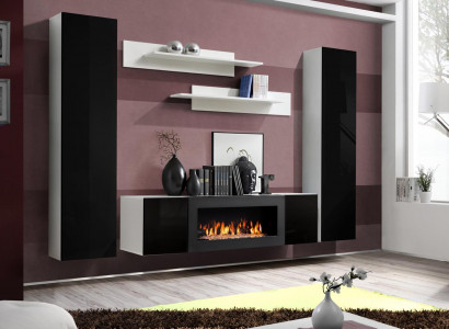 Wohnwand TV-Ständer mit Kamin Wohnzimmer Designer Wandregale Wandschrank Holz