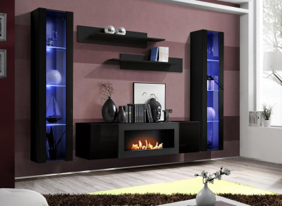 Komplett Set 5tlg Luxus Wohnwand Schwarz Designer Hänge Vitrine Holz Möbel