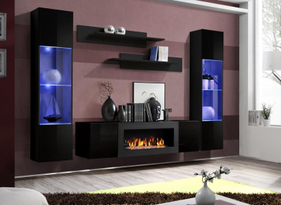 Designer Schwarz Wohnwand Holzmöbel Hänge Vitrine Luxus Sideboard Wand Regale