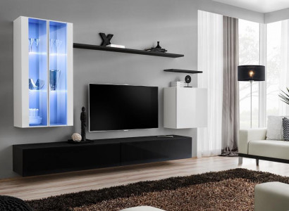 Wohn Zimmer Schwarz TV-Ständer Designer Komplett Set Wandregal Modern Neu Möbel