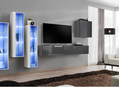 Wohnwand Grau Modern Hochglanz TV Ständer Holzmöbel Einrichtung Garnitur