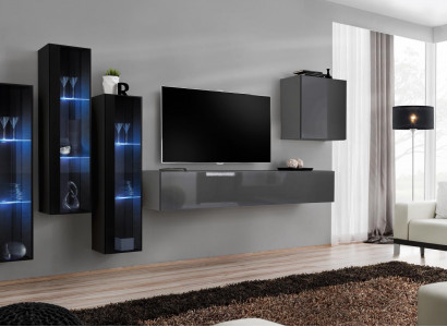 Designer Grau Wohnwand TV Ständer Komplett Hochglanz Sideboard Wand Schrank