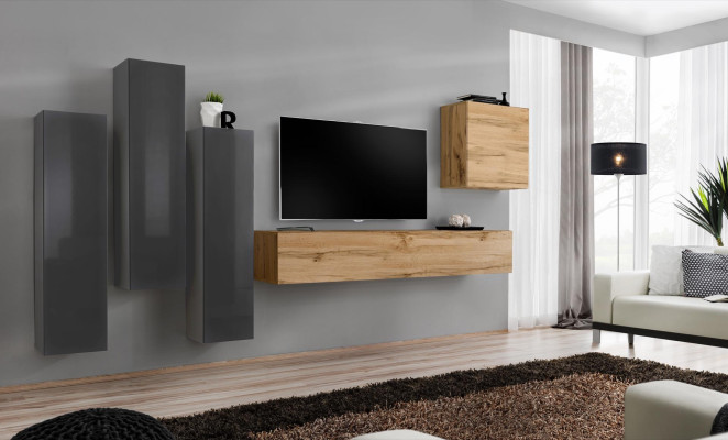 Modern Wohnwände Set 5tlg Wohnzimmer Grau Holz Möbel Schrank TV-Ständer Neu