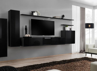 Komplette Set 7tlg Schwarz Wohnwand TV Ständer Wohnzimmer Designer Wandschrank