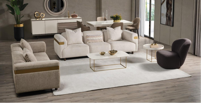 Moderne Beige Sofagarnitur 4+3 Sitzer + Sessel Wohnzimmer Luxus Set 3tlg