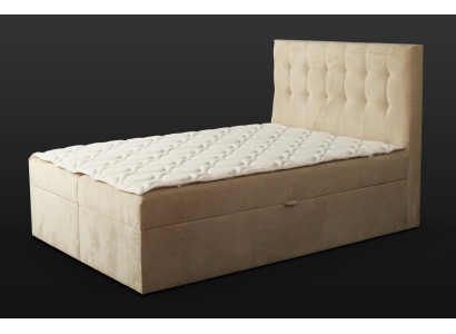 Chesterfield Bett beige Schlafzimmer Holzmöbel Design elegant Polsterung Stoff