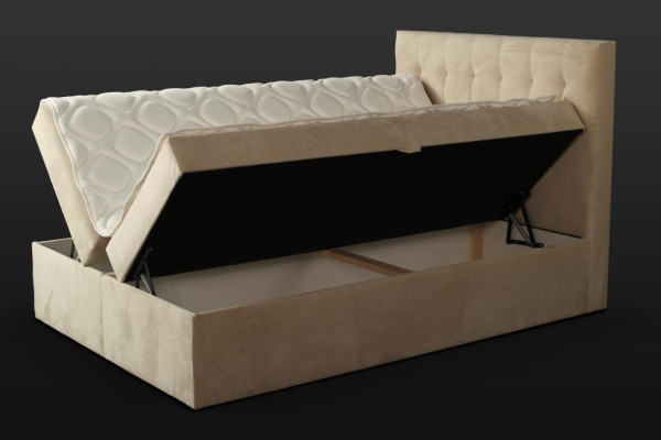 Chesterfield Bett beige Schlafzimmer Holzmöbel Design elegant Polsterung Stoff