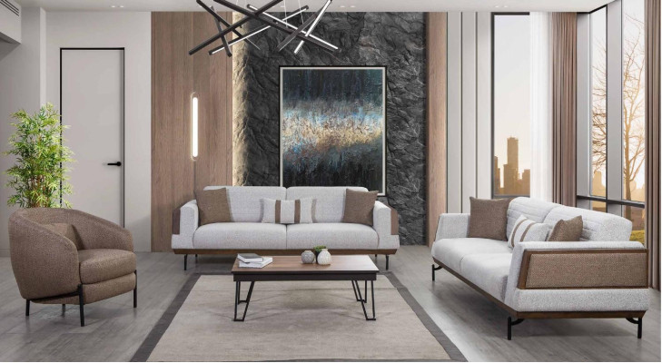 Grau-Braune Sofagarnitur 3+3+1 Sitzer Wohnzimmer Set + Luxus Couchtisch