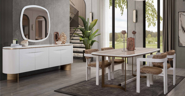 Esszimmer Set Esstisch 4x Stühle Kommode Spiegel Modern Set Weiß Essgruppe