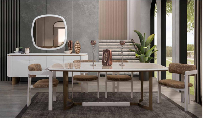 Esszimmer Set Esstisch 4x Stühle Kommode Spiegel Modern Set Weiß Essgruppe