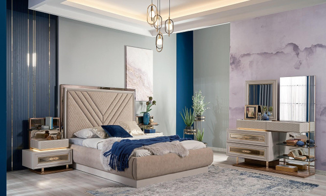 Doppelbett Komplette Schlafzimmer Bett Beige 4tlg Holz Schminktisch