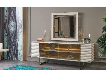 Anrichte Garnitur Sideboard mit Spiegel Esszimmer Holz Beige Kommode