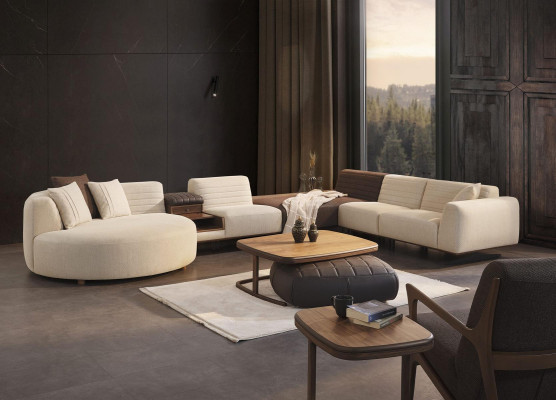 Wohnzimmer Garnitur Ecksofa U-Form Neu Sessel Luxus Holz Couchtisch Hocker