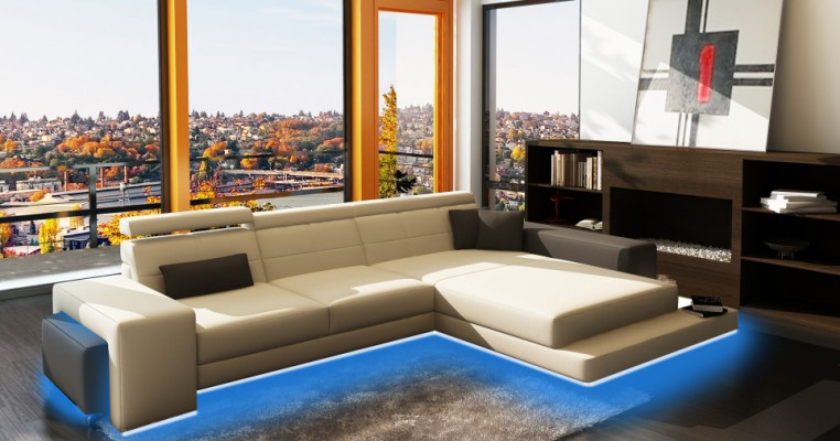 Ecksofa + USB Polster Sofa Wohnlandschaft Sitz Eck Garnitur Leder Textil Geroda