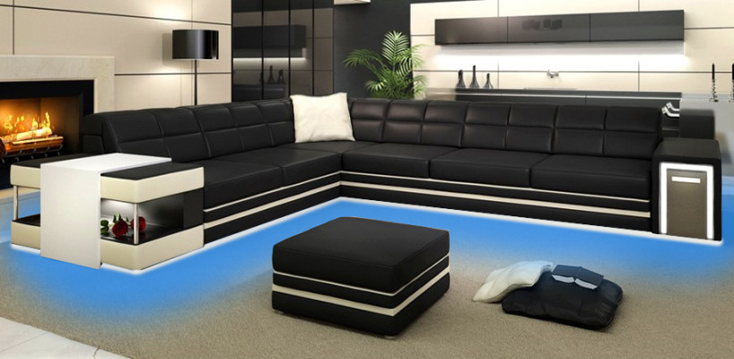 Ecksofa Sofa USB Polster Leder Wohnlandschaft Ecke Garnitur LForm Ledersofa 3026