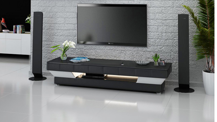 RTV TV Sideboard Leder Glas Tisch Fernseh Schrank Tisch Lowboard Mo.J