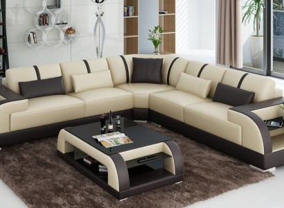 Design Eck Leder Sofa Couch Polster Garnitur Wohnlandschaft L Form Moderne Beige