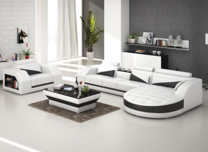 Ledersofa Couch Wohnlandschaft Ecksofa + Sessel Garnitur Design Sofa G8018E