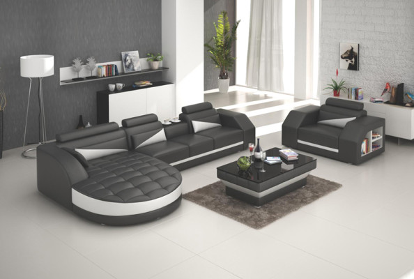 Ledersofa Couch Wohnlandschaft Ecksofa + Sessel Garnitur Design Sofa G8018E