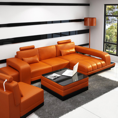 Ledersofa Couch Wohnlandschaft Ecksofa Eck Garnitur Design Sofa USB Orange Neu